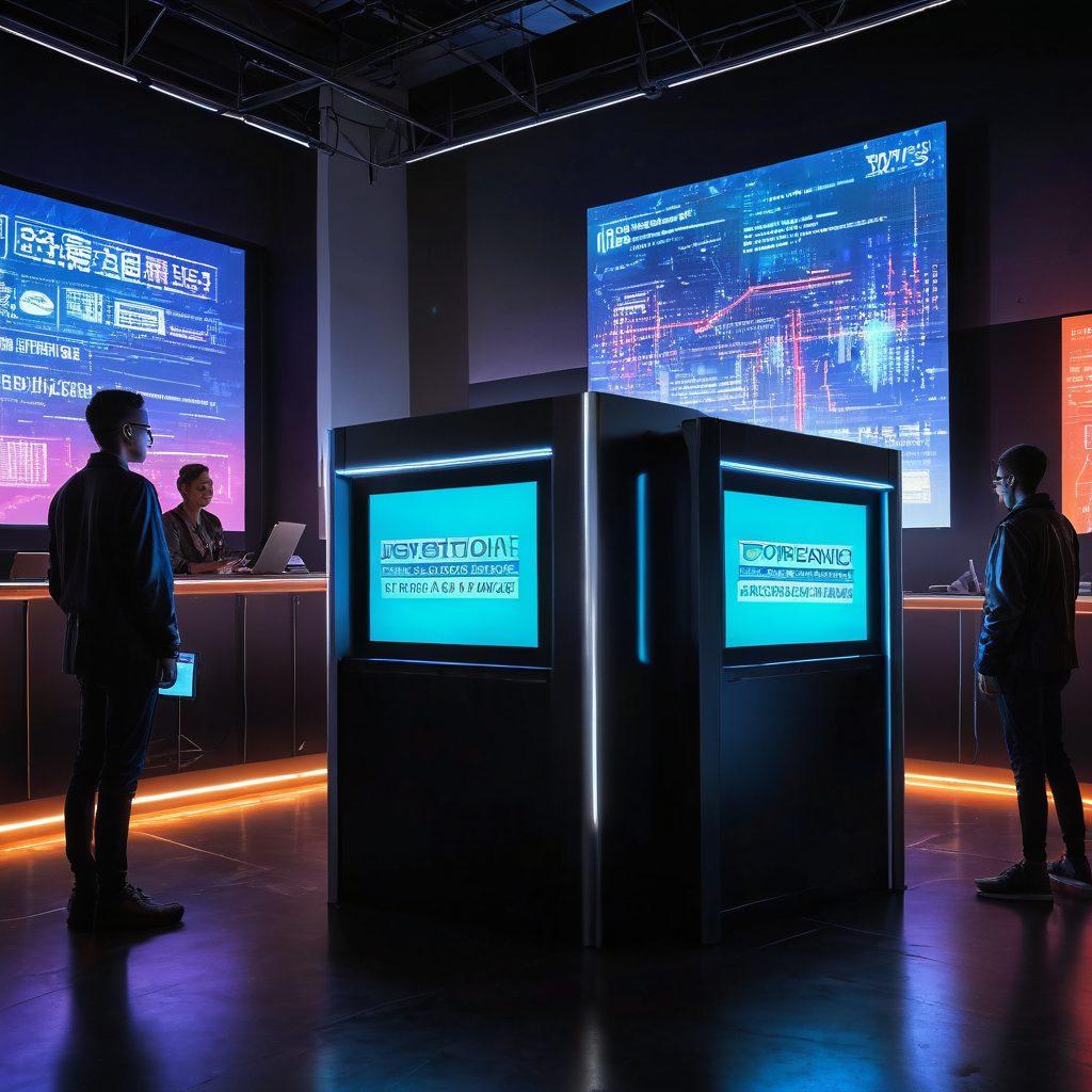 A futuristic voting booth with a sleek electronic voting machine displaying a digital ballot, surrounded by a diverse group of engaged citizens casting their votes. In the background, a large screen shows statistics and trends related to election integrity. The scene is vibrant, highlighting technology's impact on democracy with a sense of hope and participation. cyberpunk. vibrant colors. 3D.