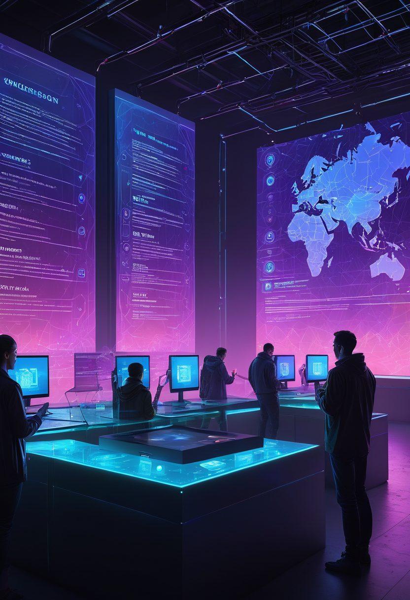 A futuristic digital landscape showcasing a secure online voting system, with diverse people interacting through holographic devices, symbols of cybersecurity like locks and shields surrounding them. Bright, optimistic colors that convey accessibility and safety. Incorporate elements of technology such as blockchain graphics and voting ballots made of light. cyberpunk. vibrant colors. 3D.