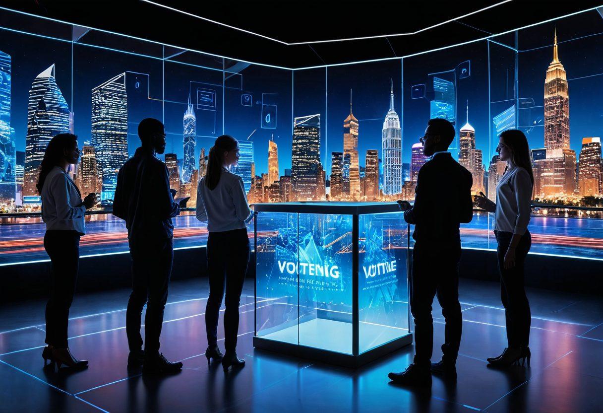 A diverse group of people gathered around a futuristic digital voting booth, engaging with holographic interfaces displaying secure voting options. The scene emanates a sense of community and empowerment, with bright, hopeful expressions on their faces. The background features elements of technology and democracy, such as circuit patterns and a vibrant city skyline. super-realistic. vibrant colors. high-tech aesthetic.